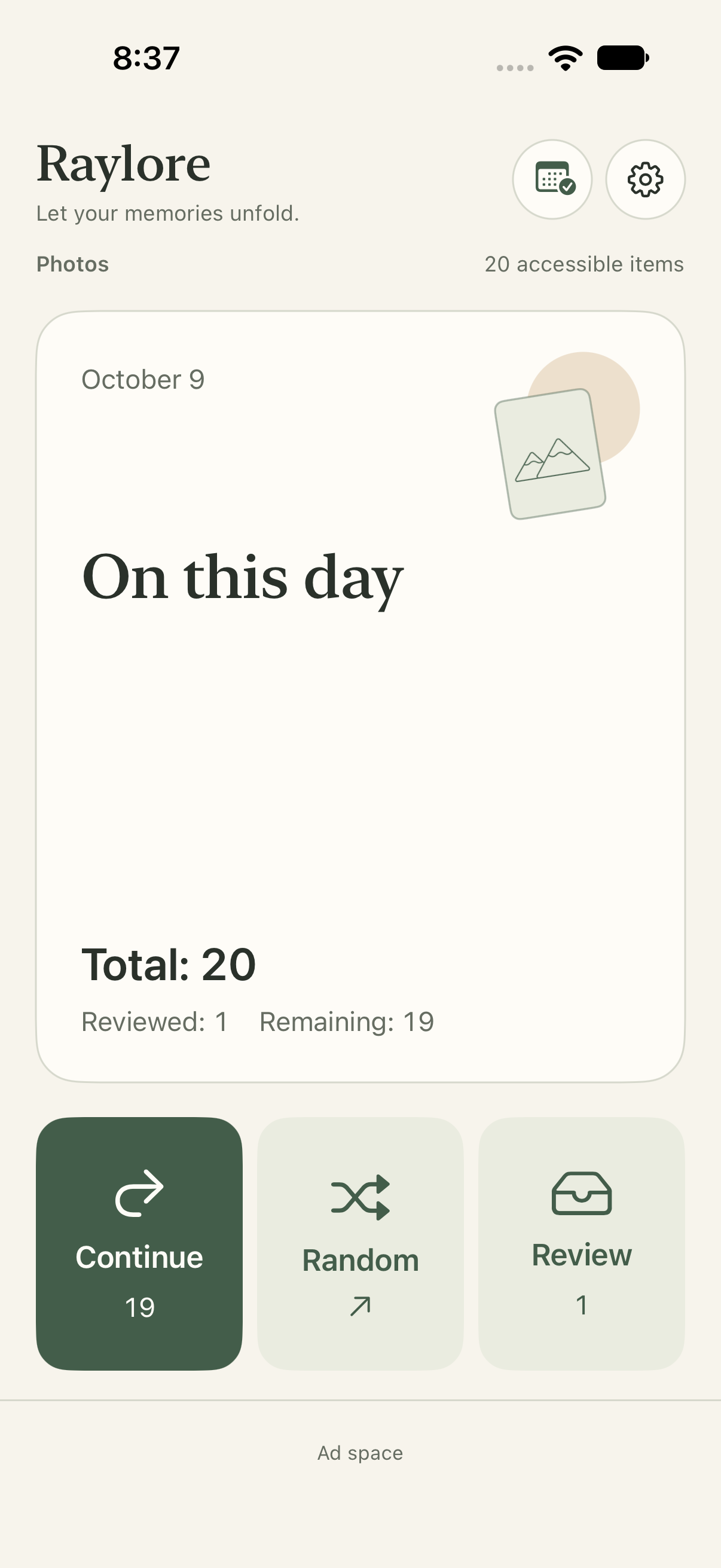 Raylore home screen with On This Day and Continue, Random, and Review actions
